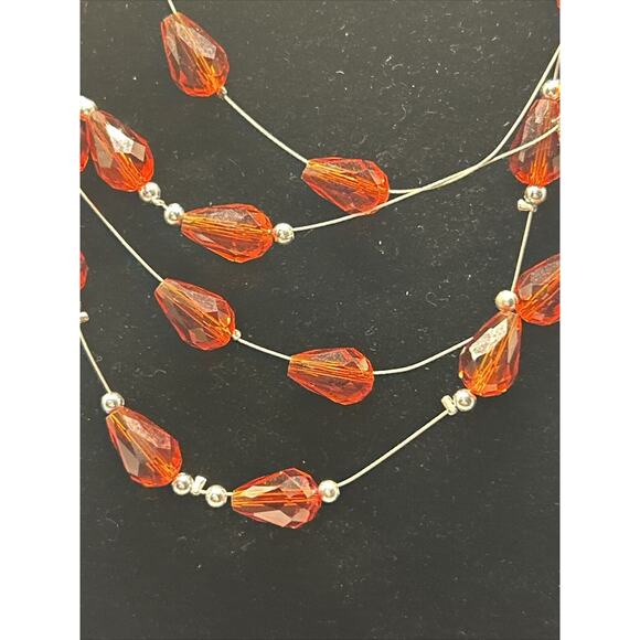 Vintage Multi Strand Red Beaded Silver Tone Necklace Jewerly Costume Fashion - Picture 3 of 7